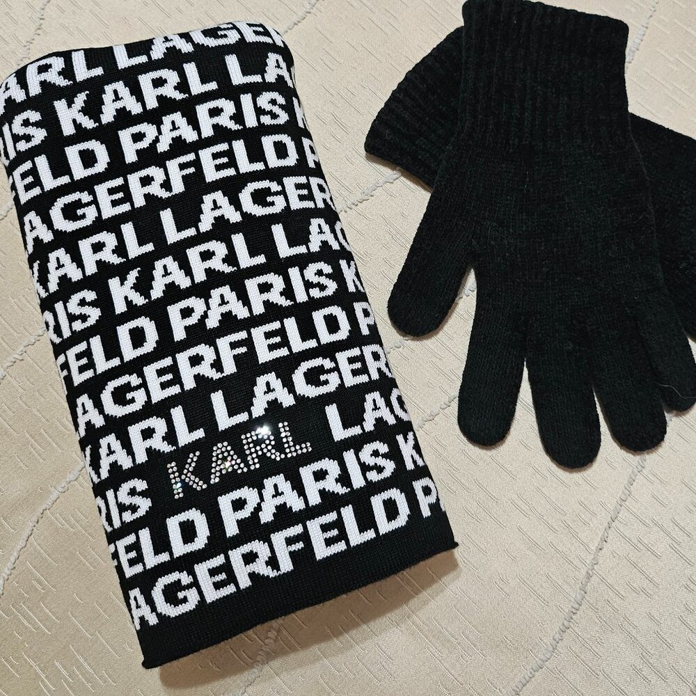 KARL LAGERFELD CHIC ICONIC MONOCHROME BLACK & WHITE  LOGO SCARF - Picture 4 of 15